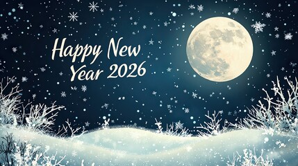 Shining Silver Text Celebrating the New Year 2026 Over a Winterscape with Moon and Snowflakes