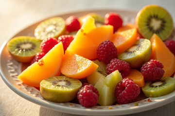 A beautifully arranged fruit salad in a white ceramic bowl, featuring strawberries, blueberries, kiwi, mango, grapes, and pomegranate seeds, garnished with fresh mint leaves for a vibrant and refreshi