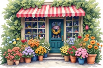 Charming Flower Shop with Colorful Plants and Decorated Front Door