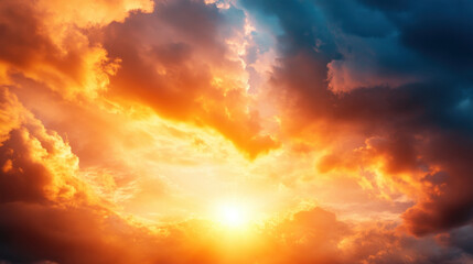 Obraz premium Dramatic sunset with vibrant clouds and warm colors illuminating sky, creating breathtaking view. interplay of light and shadow evokes sense of wonder and tranquility