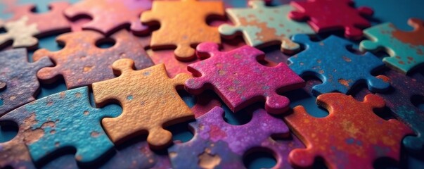 Intricate jigsaw pieces, vibrant hues, close-up detail, mind, close-up, background