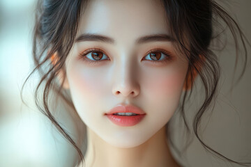 Fototapeta premium Portrait of a young Asian woman with soft features and natural makeup.