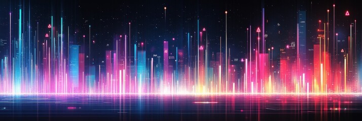 Futuristic City Skyline, Abstract Data Visualization With Glowing Lines, Triangles And Data Points