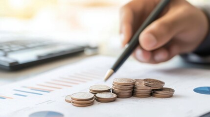 A close-up of a hand holding a pencil, analyzing stacked coins and financial charts. This represents financial planning and investment strategy.
