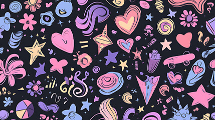 Fototapeta premium Colorful Doodle Pattern With Hearts, Stars, Flowers, and Whimsical Shapes