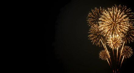 Bright fireworks of different colors explode on a black background, generative ai