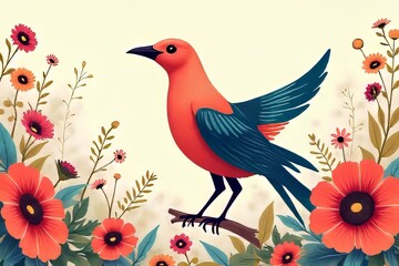Obraz premium Colorful Bird and Flowers Illustration Art Print Design