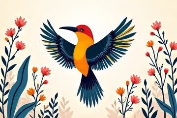 Obraz premium Colorful Bird in Flight Among Flowers - Art Print Design