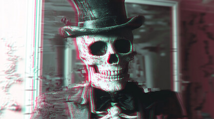 Obraz premium A skeleton wearing a top hat appears distorted with digital glitch effects, creating a surreal and eerie cyber-horror atmosphere 