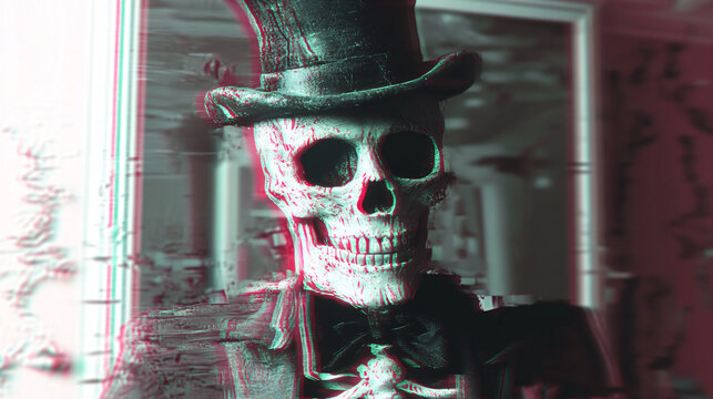 A skeleton wearing a top hat appears distorted with digital glitch effects, creating a surreal and eerie cyber-horror atmosphere  

