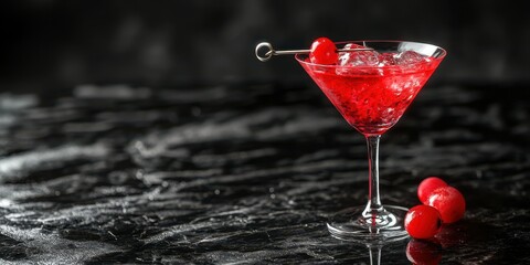 Refreshing cherry cocktail served in a sleek glass on a glossy black surface with vibrant colors