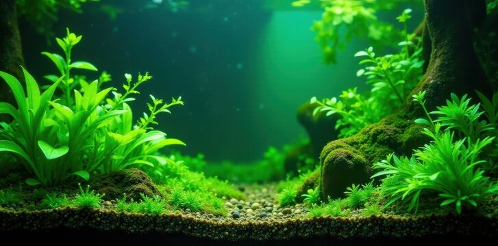 Lush green aquatic plants thrive in vibrant aquarium , jungle, fish tank