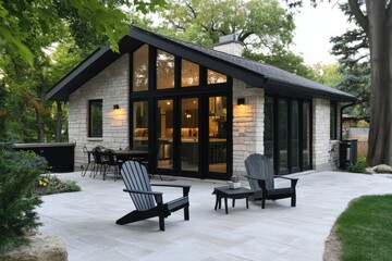 Obraz premium A contemporary stone cottage featuring expansive windows is enveloped by lush trees, creating a peaceful garden atmosphere during the gentle glow of early evening light