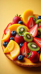 A beautifully arranged fruit salad in a white ceramic bowl, featuring strawberries, blueberries, kiwi, mango, grapes, and pomegranate seeds, garnished with fresh mint leaves for a vibrant and refreshi