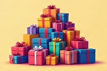 Obraz premium Colorful Gift Boxes Stacked High, Festive Gift Pile