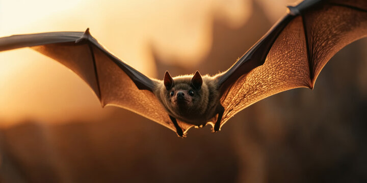 flying noctule bat gliding gracefully against warm sunset backdrop, showcasing its intricate wing structure and natural beauty