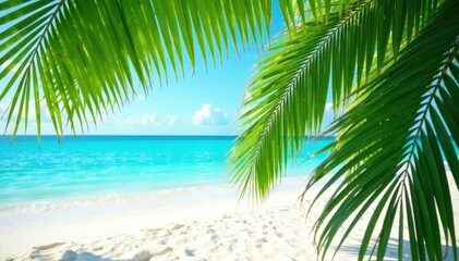 Fototapeta premium Lush green palm fronds against turquoise ocean and white sand , summer, beach