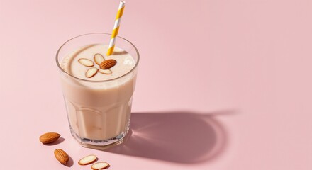 Stylish Almond Milk Smoothie, Vegan and Refreshing, Garnished with Sliced Almonds, Against a Pink Background with Copy Space