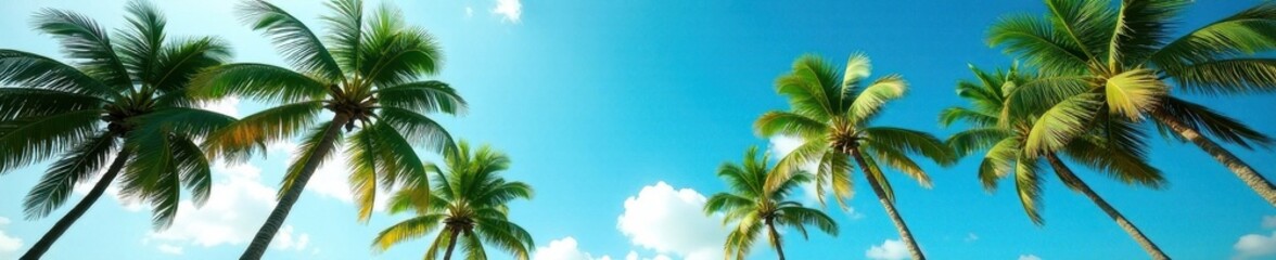 Lush palm trees sway gently under a vibrant blue sky , coconut palms, background, carefree