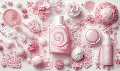 Fototapeta premium Elegant Pink Cosmetics Collection on a White Surface