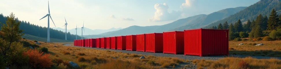 Naklejka premium Massive red battery banks amidst wind turbines and trees, red, electric