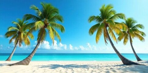 Majestic palms stand tall against a vibrant blue ocean, soft sand at their base , bright, coast