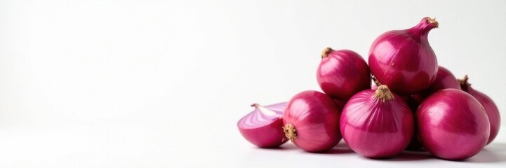 Many red onions stacked, textured skins, clean white backdrop, cooking, organic