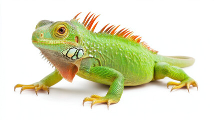 Fototapeta premium vibrant green lizard with spiky orange features, showcasing its unique texture and colors against white background. This reptile exudes sense of curiosity and liveliness