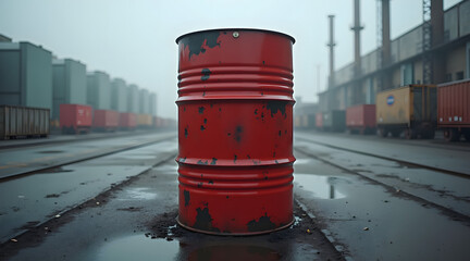 A lone red barrel stands in a foggy industrial setting, surrounded by shipping containers and tracks, evoking a sense of desolation and abandonment