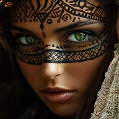 A beautiful woman with striking tribal makeup and captivating green eyes, exuding a sense of strength and allure.