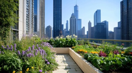 urban rooftop gardens, an urban rooftop garden displaying sustainability with flourishing vegetables and flowers against towering skyscrapers