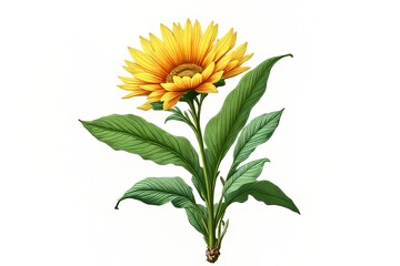 Fototapeta premium Detailed Illustration of a Yellow Flower with Green Leaves
