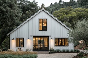 Obraz premium Modern farmhouse exterior featuring large windows and a welcoming entrance surrounded by lush greenery in a serene countryside setting during dusk