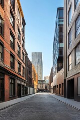 Fototapeta premium A vibrant urban street showcases a fascinating blend of historic buildings alongside sleek modern architecture, all set against the backdrop of a clear, sunny day in a lively city
