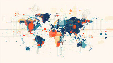 A creative abstract world map featuring colorful geometric shapes and data patterns blending digital aesthetics with modern cartography
