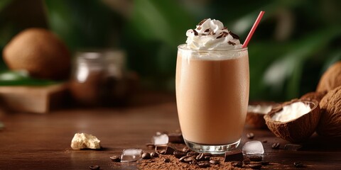 Delicious frozen coffee drink topped with whipped cream and chocolate shavings in a tropical setting
