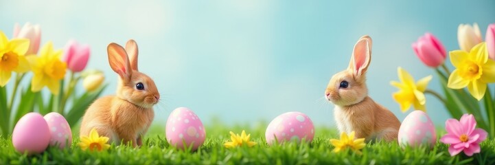 Obraz premium Pastel eggs, bunnies, vibrant tulips, daffodils, flowers, bunny