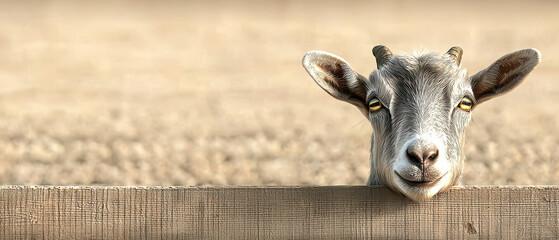 Fototapeta premium A curious goat peers over a wooden fence, set against a serene countryside background, capturing a moment of rural charm.