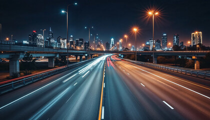 Modern multi-lane highway with dynamic vehicle light streaks and city skyline.