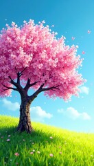 Naklejka premium Pastel pink flowering tree, vibrant green grass, clear blue sky , flower, sky, awakening