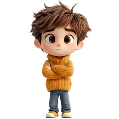 A cartoon boy with a sad expression isolated on transparent background.PNG