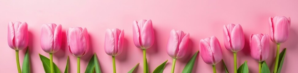 Naklejka premium Perfectly arranged pink tulips, soft pink background Spring theme , soft pink, photo