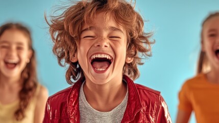 A tech startup team celebrating success inside the studio, with a vibrant blue gradient background.