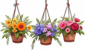 Fototapeta premium Hanging Flower Pots with Assorted Flowers - Decorative Illustration