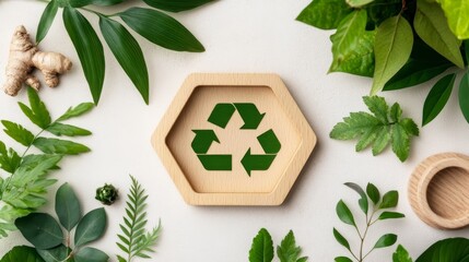 Eco-Friendly Recycling Symbol with Green Leaves on Natural Background