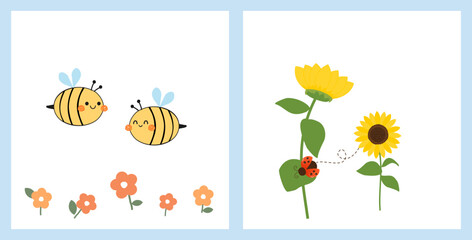 Bee cartoons, orange flower, sunflower and lady bird icon sign isolated on white background vector.