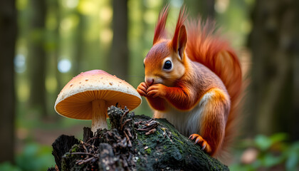 A close-up of a red squirrel eating a mushroom on a tree trunk in a forest. with white shades