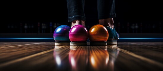 A close-up view of bowling shoes and colorful balls on a polished lane at a bowling alley