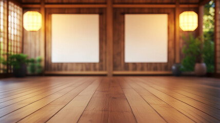 serene wooden dojo interior with two blank banners, warm lighting, and plants, creating peaceful atmosphere for meditation or martial arts practice