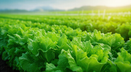 Lush green lettuce rows stretch across vibrant field, showcasing beauty of agriculture and nature bounty. sunlight enhances freshness of leaves, creating serene atmosphere